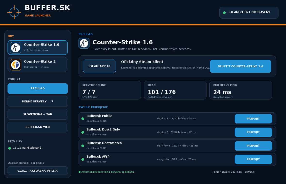 Buffer.sk Game Launcher s oddelenou ponukou Counter-Strike 1.6 a Counter-Strike 2